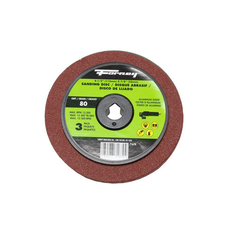 Forney Resin Fibre Sanding Disc, Aluminum Oxide, 4-1/2 in x 7/8 in Arbor, 80 Grit / 80G