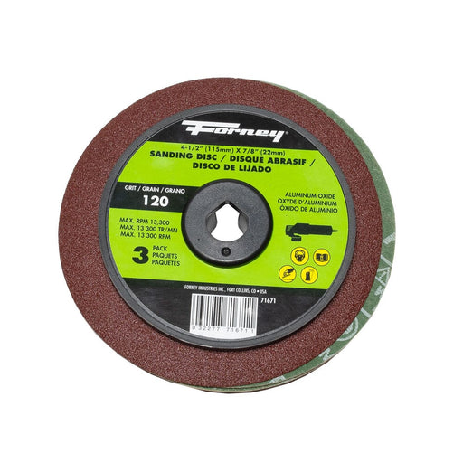 Forney Resin Fibre Sanding Disc, Aluminum Oxide, 4-1/2 in x 7/8 in Arbor, 120 Grit / 3PK