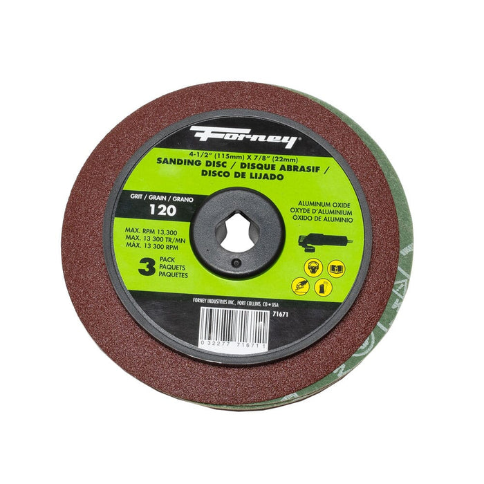Forney Resin Fibre Sanding Disc, Aluminum Oxide, 4-1/2 in x 7/8 in Arbor, 120 Grit / 3PK