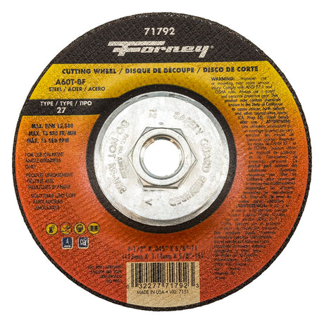 Forney Cut-Off Wheel, Metal, Type 27, 4-1/2 in x .045 in x 5/8 in-11