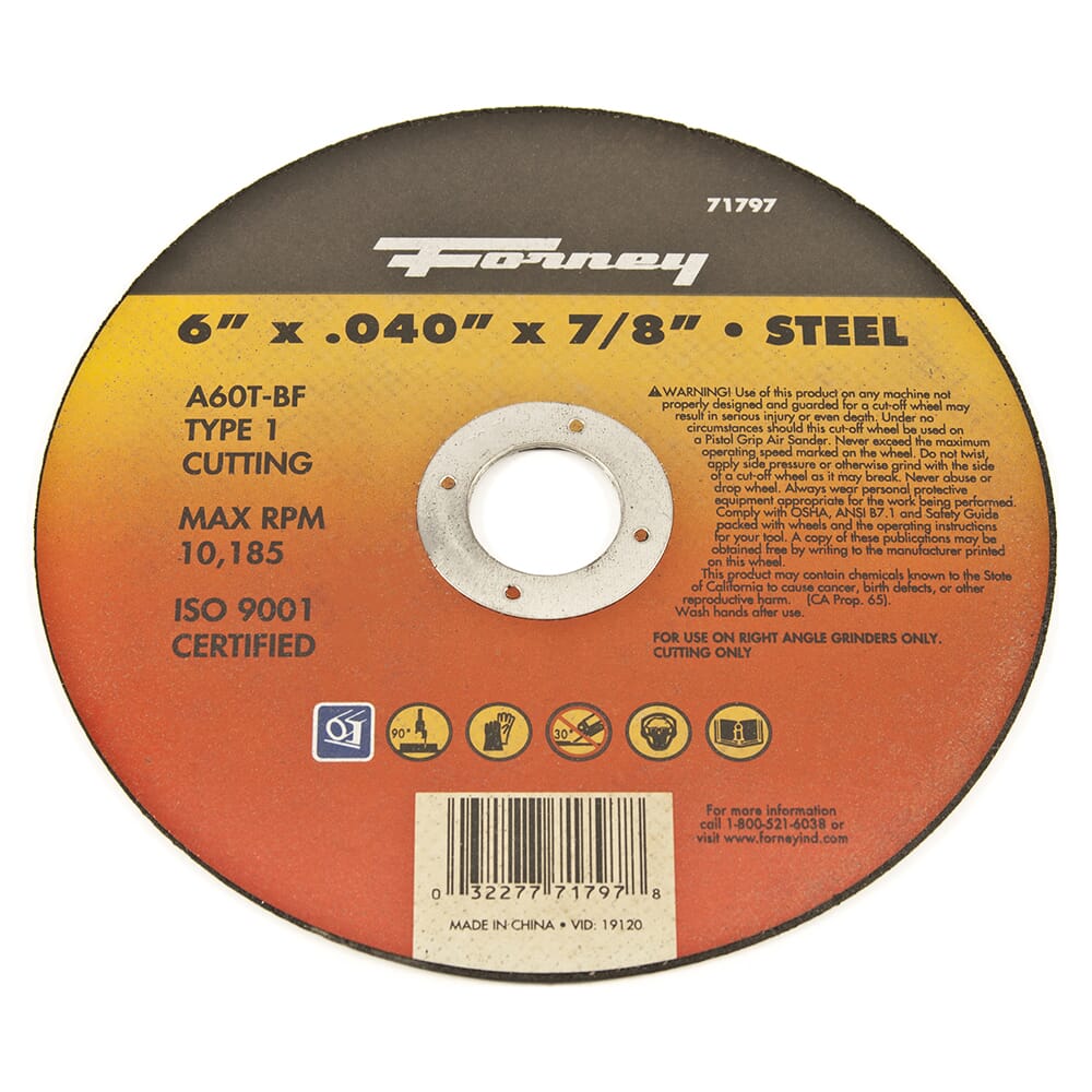 Forney Cut-Off Wheel, Metal, Type 1, 6 in x .040 in x 7/8 in