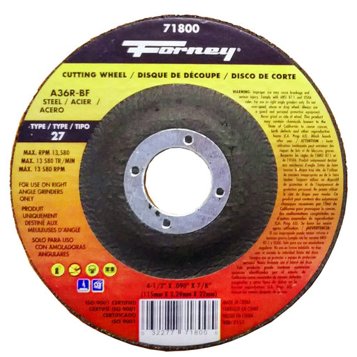 Forney Cut-Off Wheel, Metal, Type 27, 4-1/2 in x .090 in x 7/8 in
