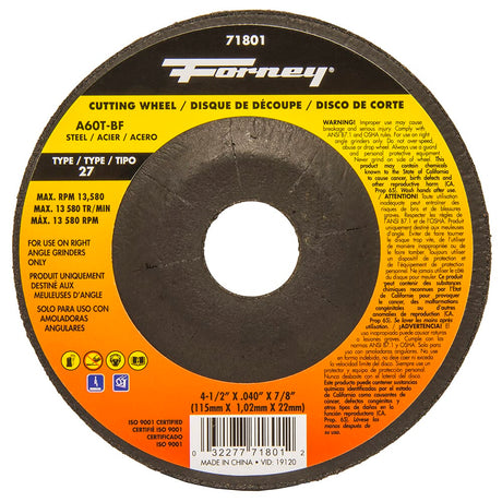 Forney Cut-Off Wheel, Metal, Type 27, 4-1/2 in x .040 in x 7/8 in