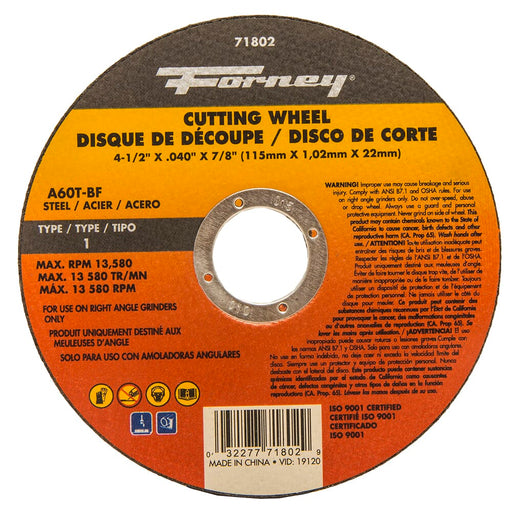 Forney Cut-Off Wheel, Metal, Type 1, 4-1/2 in x .040 in x 7/8 in