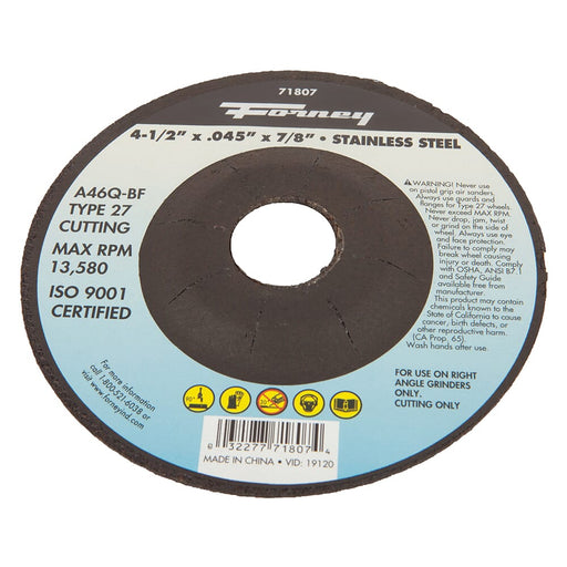 Forney Cut-Off Wheel, Stainless, Type 27, 4-1/2 in x .045 in x 7/8 in