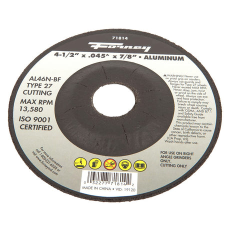 Forney Cut-Off Wheel, Aluminum, Type 27, 4-1/2 in x .045 in x 7/8 in