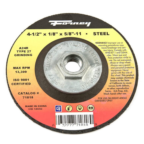 Forney Grinding Wheel, Metal, Type 27, 4-1/2 in x 1/8 in x 5/8 in-11