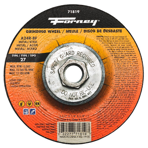 Forney Grinding Wheel, Metal, Type 27, 4-1/2 in x 1/4 in x 5/8 in-11