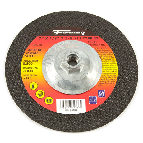 Forney Grinding Wheel, Metal, Type 27, 7 in x 1/8 in x 5/8 in-11