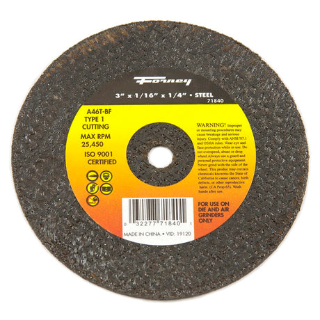 Forney Cut-Off Wheel, Metal, Type 1, 3 in x 1/16 in x 1/4 in