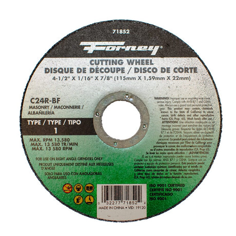 Forney Cutting Wheel, Masonry, Type 1, 4-1/2 in x 1/16 in x 7/8 in