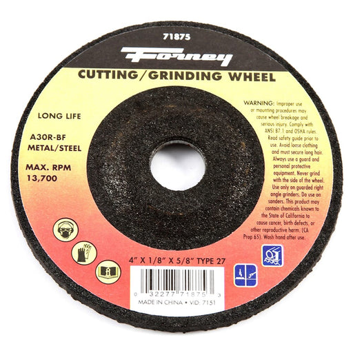 Forney Grinding Wheel, Metal Type 27, 4 in x 1/8 in x 5/8 in