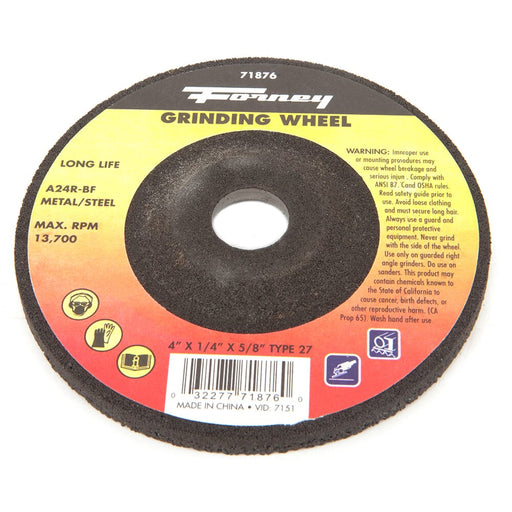 Forney Grinding Wheel, Metal, Type 27, 4 in x 1/4 in x 5/8 in
