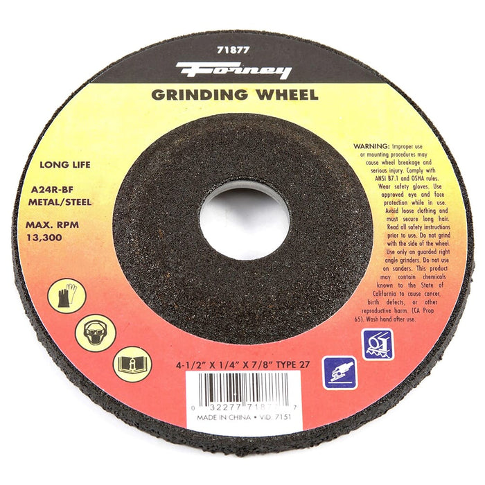 Forney Grinding Wheel, Metal, Type 27, 4-1/2 in x 1/4 in x 7/8 in