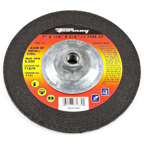 Forney Grinding Wheel, Metal, Type 27, 7 in x 1/4 in x 5/8 in-11