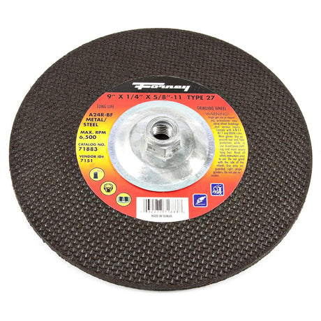 Forney Grinding Wheel, Metal, Type 27, 9 in x 1/4 in x 5/8 in-11