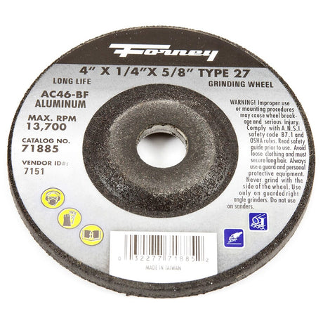 Forney Grinding Wheel, Aluminum, Type 27, 4 in x 1/4 in x 5/8 in