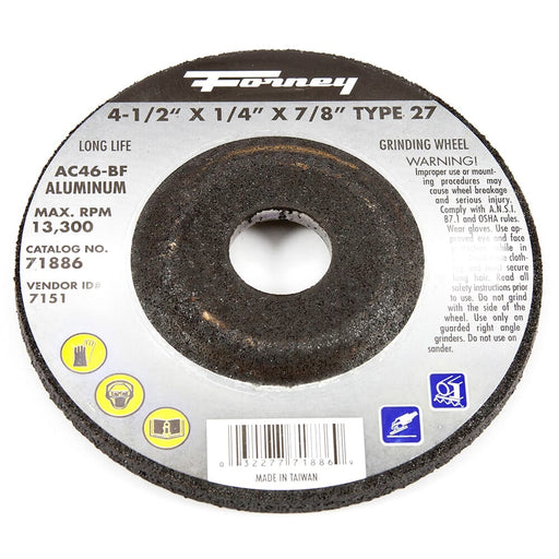 Forney Grinding Wheel, Aluminum, Type 27, 4-1/2 in x 1/4 in x 7/8 in