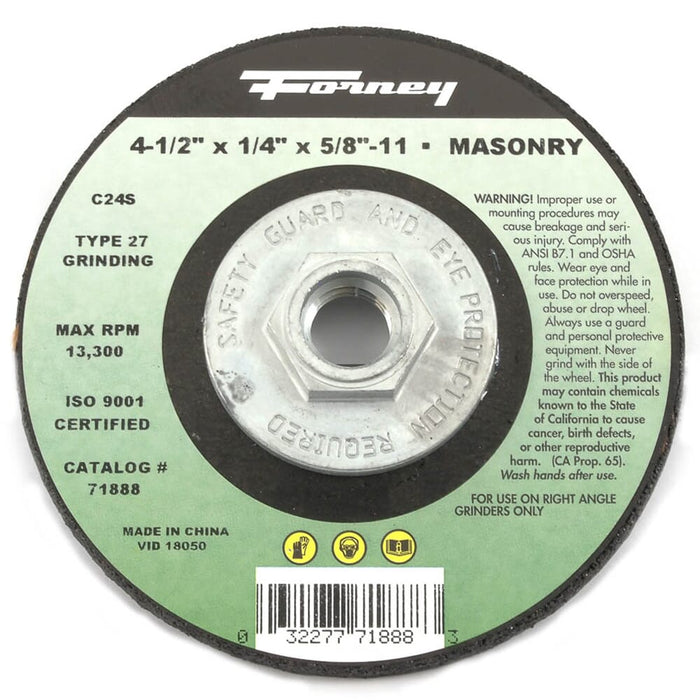Forney Grinding Wheel, Masonry, Type 27, 4-1/2 in x 1/4 in x 5/8 in-11