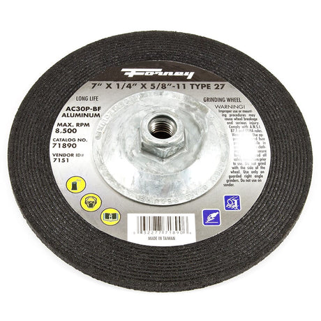 Forney Grinding Wheel, Aluminum, Type 27, 7 in x 1/4 in x 5/8 in-11