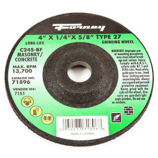 Forney Grinding Wheel, Masonry, Type 27, 4 in x 1/4 in x 5/8 in