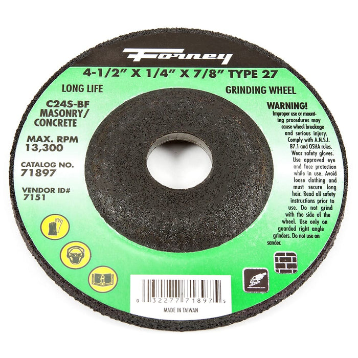 Forney Grinding Wheel, Masonry, Type 27, 4-1/2 in x 1/4 in x 7/8 in