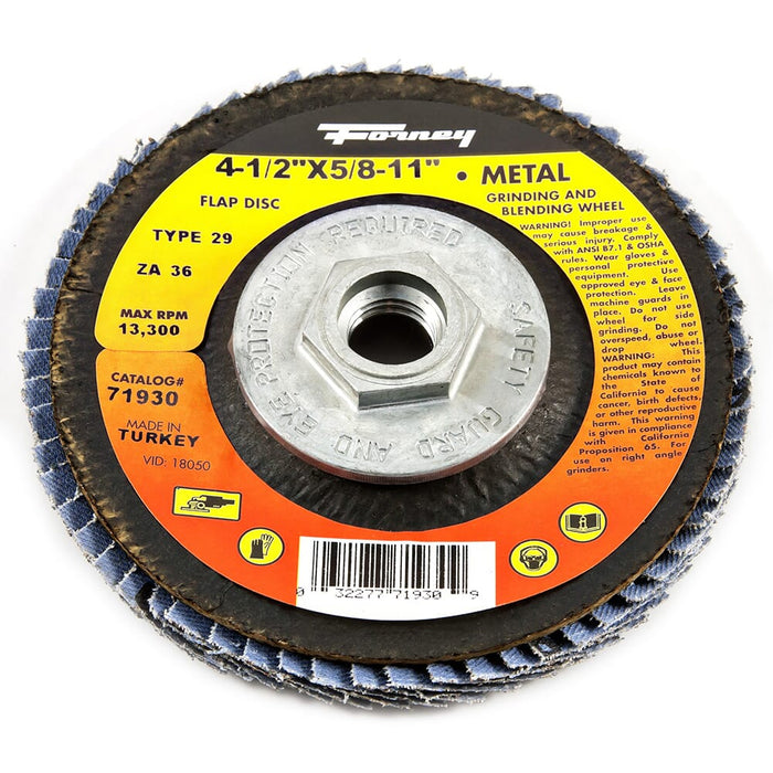 Forney Flap Disc, Type 29, 4-1/2 in x 5/8 in-11, ZA36 / 36GRIT