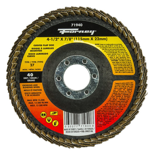 Forney Curved Edge Flap Disc, 4-1/2 in x 7/8 in, 40 Grit / 40G