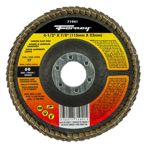 Forney Curved Edge Flap Disc, 4-1/2 in x 7/8 in, 60 Grit / 60G