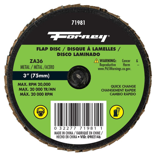Forney Quick Change Flap Disc, 36 Grit, 3 in