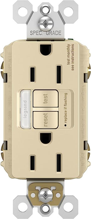 Pass & Seymour 15A Self-Test GFCI Receptacle with Night Light, Child Safe; Ivory Color IVORY