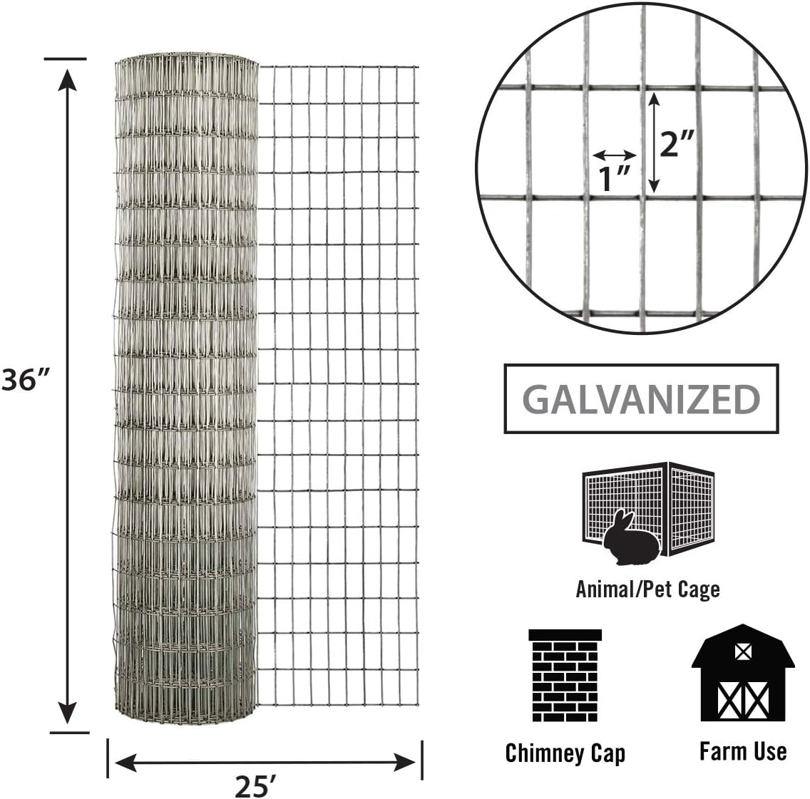 Garden Zone 36in x 25ft Galvanzed Welded Wire Fence with 1in x 2in Openings / 1X2_36X25