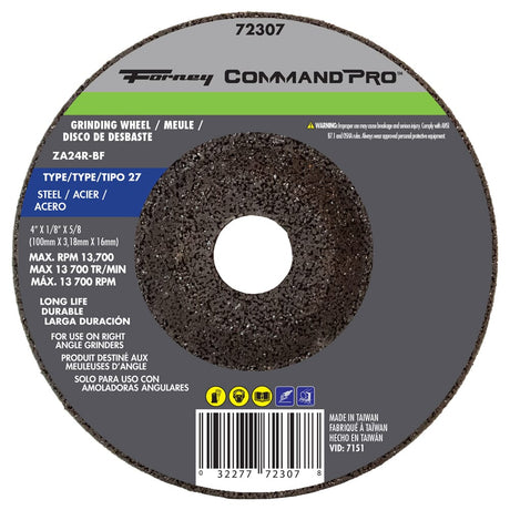 Forney Grinding Wheel, Metal, Type 27, 4 in x 1/4 in x 5/8 in