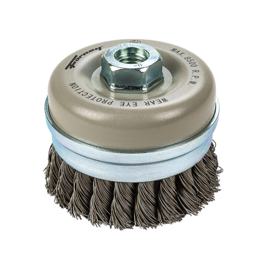 Forney Command PRO Cup Brush, Knotted with Bridle, 4 in x .020 in x 5/8 in-11 STAINLESS