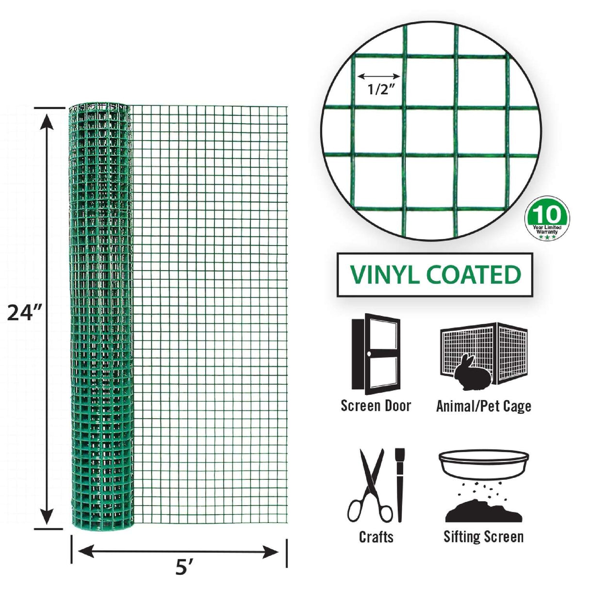 Garden Zone 24in x 5ft Vinyl Hardware Cloth with 1/2in Openings GREEN / .5_2X5FT