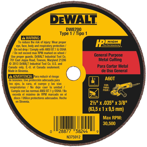 Dewalt 2-1/2 IN. X .035 IN. X 3/8 IN. HP Aluminum Oxide Cut-Off Wheel Type 1