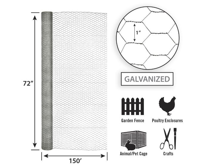 Garden Zone 72in x 150ft Galvanized Chicken Wire with 1in Openings 1INX6X150