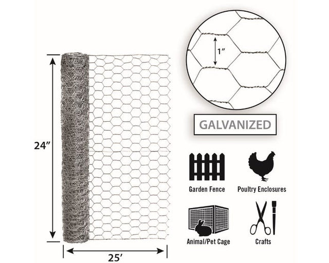 Garden Zone Garden Craft Galvanized Chicken Wire, 24in x 25ft, 1in Hexagonal Openings