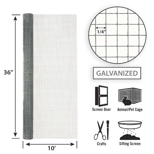 Garden Zone 36in x 10ft Galvanized Hardware Cloth with 1/4in Openings .25_3X10FT
