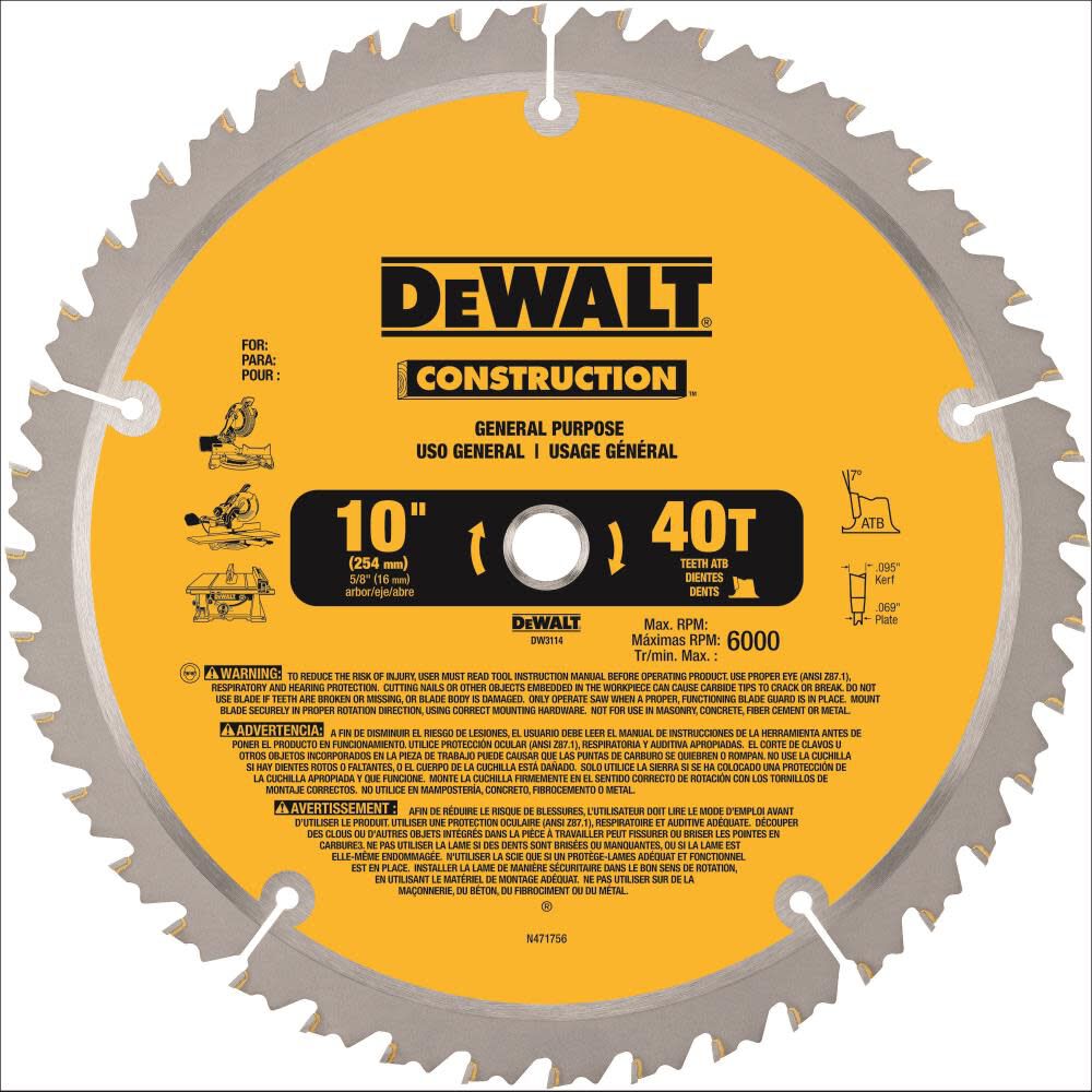 Dewalt 10 in. 40T Construction Miter/Table Saw Blade 10IN