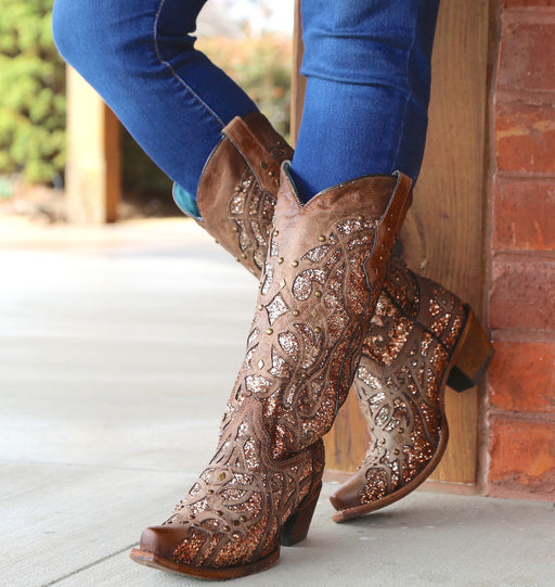 Corral Boots Orix Glittered Inlay and Studs Snip Toe TAN