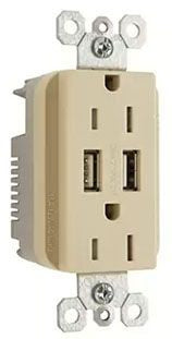 Pass & Seymour 15A 125V Duplex Outlet with 2 USB Chargers, Ivory