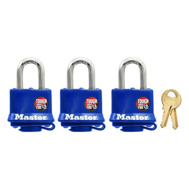 Master Lock Laminated Padlock, 1-9/16in, Blue Covered, 3 pack
