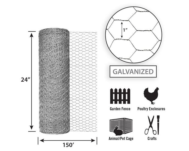 Garden Zone Garden Craft Galvanized Chicken Wire, 24in x 150ft, 1in Hexagonal Openings