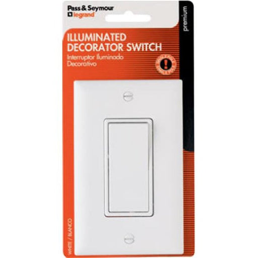 Pass & Seymour 15A Single Pole Illuminated Quiet Switch with Wall Plate, White