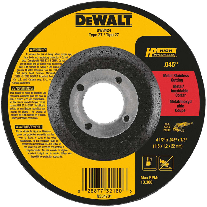 Dewalt 4-1/2 IN. X .045 IN. X 7/8 IN. HP Aluminum Oxide Cut-Off Wheel Type 27 THIN /  / 045X7/8
