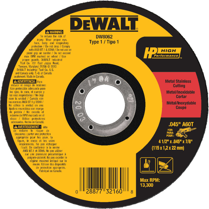 Dewalt 4-1/2 IN. X 0.45 IN X 7/8 IN. Aluminum Oxide Metal Cut-Off Wheel / 045X7/8