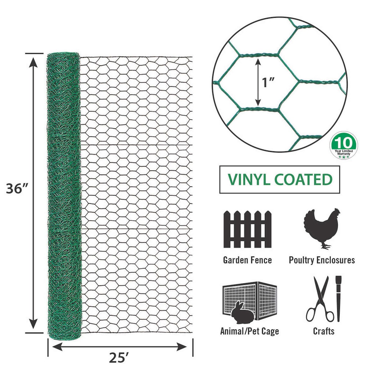 Garden Zone 36in x 25ft Green Vinyl Chicken Wire with 1in Openings GREEN / 1IN_3X25FT