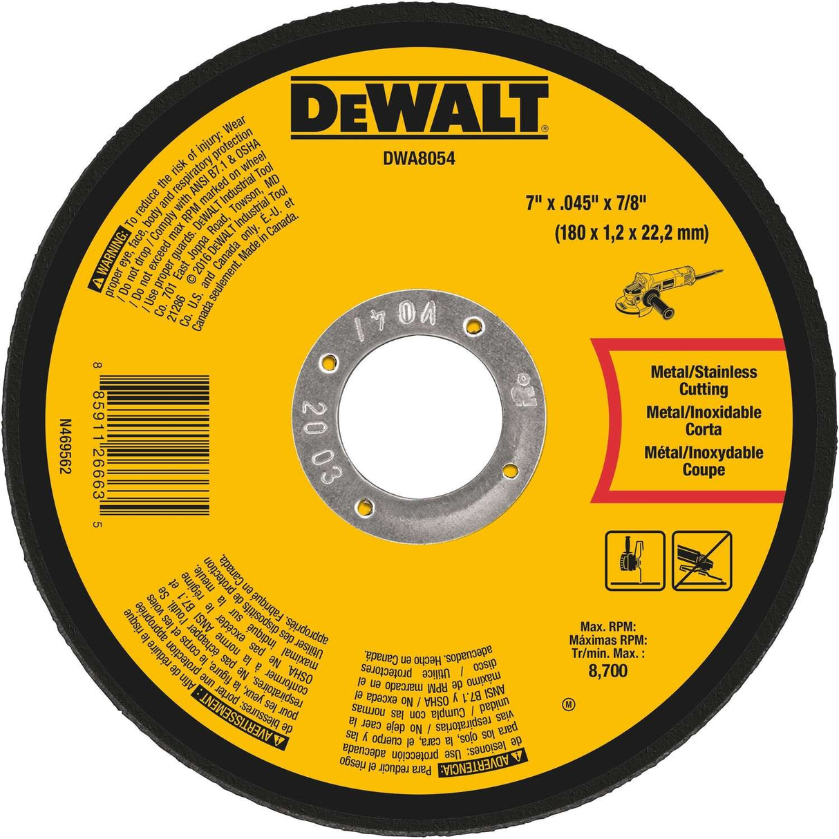 Dewalt 7 IN. X .045 IN. X 7/8 IN. Aluminum Oxide Metal Cut-Off Blade