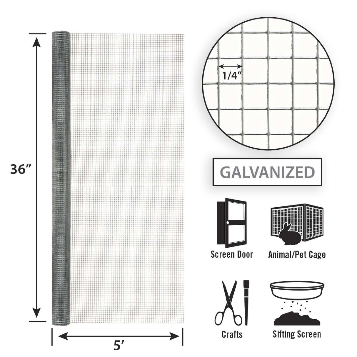 Garden Zone 36in x 5ft Galvanized Hardware Cloth with 1/4in Openings .25_3X5FT